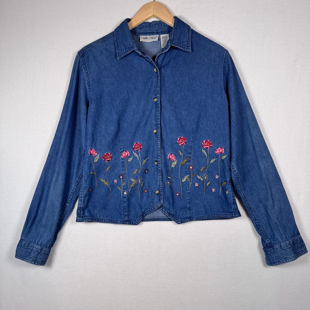 Vintage Cabin Creek Floral Embroidered Denim Button Down Shirt sz M Cottagecore